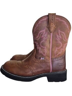 Justin Gypsy Gemma Brown Leather Western Boots Pink Stitching Size 10